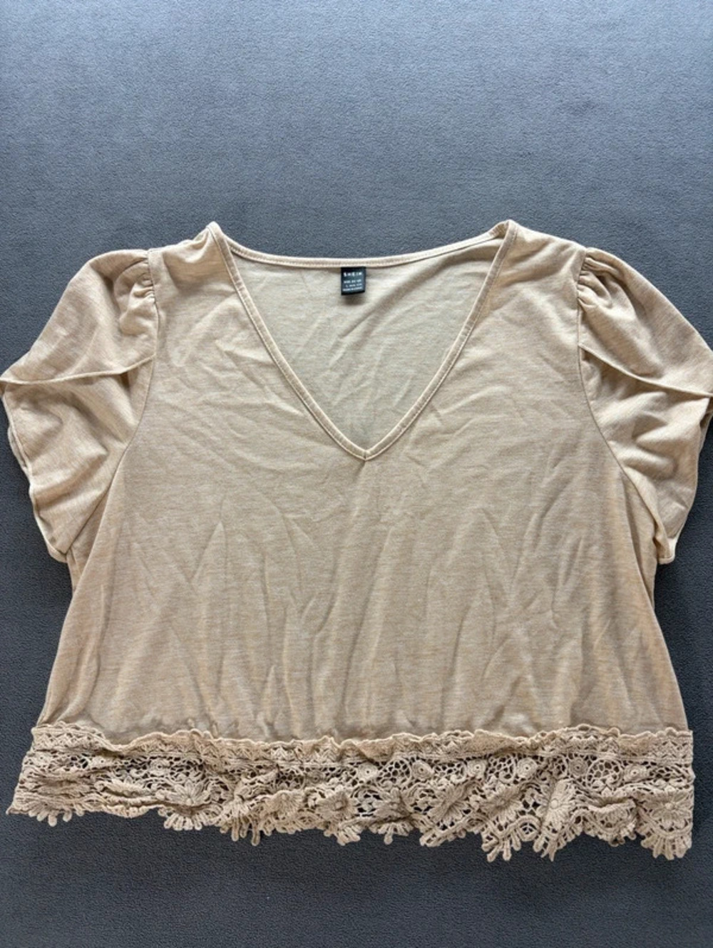 SHEIN Beige V-Neck Lace Trim Crop Top with Puff Sleeves